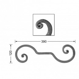 fer forgé Volute à noyaux forgés fer carré HAUTEUR 120 mm x 390 mm LARGEUR Carré 14x14 - Ref VC11-14