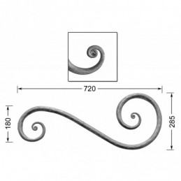 fer forgé Volute à noyaux forgés fer rond HAUTEUR 285 mm x 720 mm LARGEUR Rond 25 - Ref VR1-25