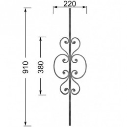 fer forgé Barreau forgé HAUTEUR 910 mm - motif L. 220 x H. 380 mm Carré 14x14 - Ref B104-14-910