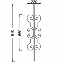 fer forgé Barreau forgé HAUTEUR 910 mm - motif L. 220 x H. 550 mm Carré 14x14 - Ref B117-14-910