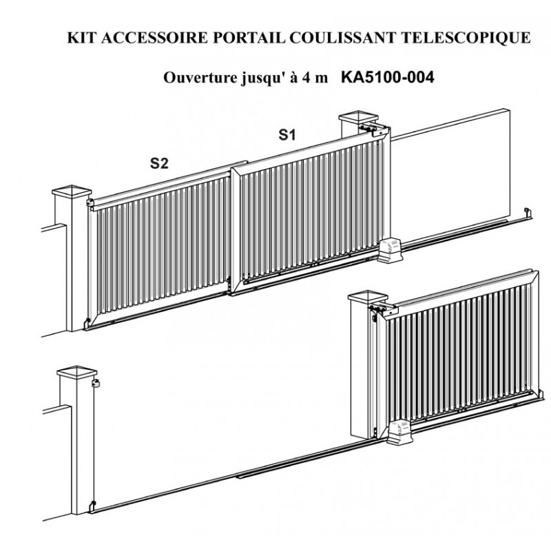 Kit Portail coulissant télescopique ouverture jusqu'à 4 mètres - Ref  KA5100-004