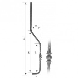 fer forgé Barreau forgé galbé HAUTEUR 910 mm Carré 14x14 - Ref 21GS-14-910