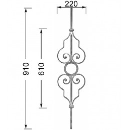 fer forgé Barreau forgé HAUTEUR 910 mm - motif L. 220 x H. 610 mm Carré 14x14 - Ref B110-14-910